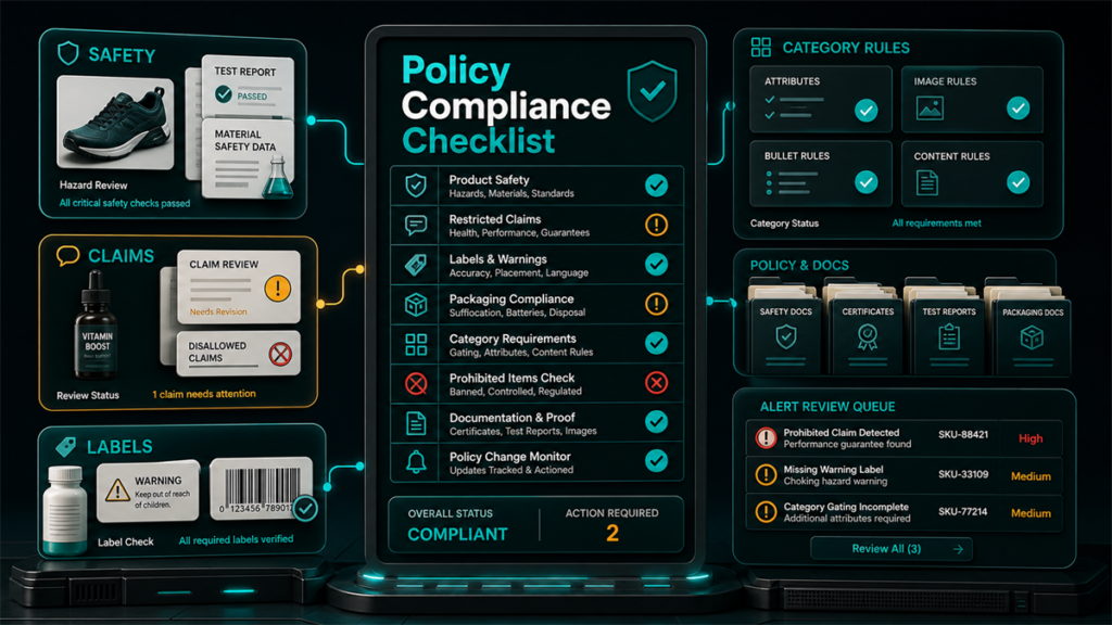 Product policy compliance checklist command center with safety, claims, label, category-rule, documentation, and alert-review panels.