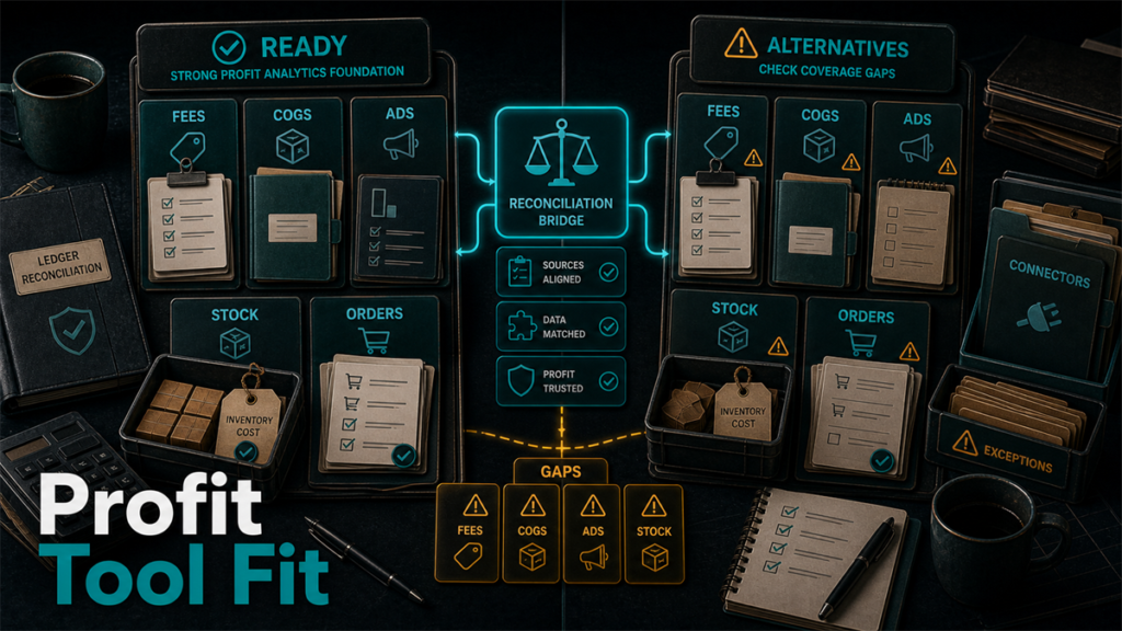 Profit tool fit split screen comparing fee, COGS, ad, stock, order, connector, and gap readiness artifacts.