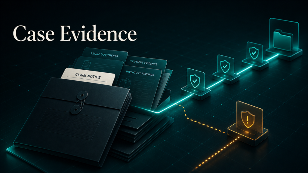 Premium dark Qubeq graphic showing a reimbursement case evidence packet with proof documents, shipment records, reimbursement checkpoints, and an amber missing-evidence branch.