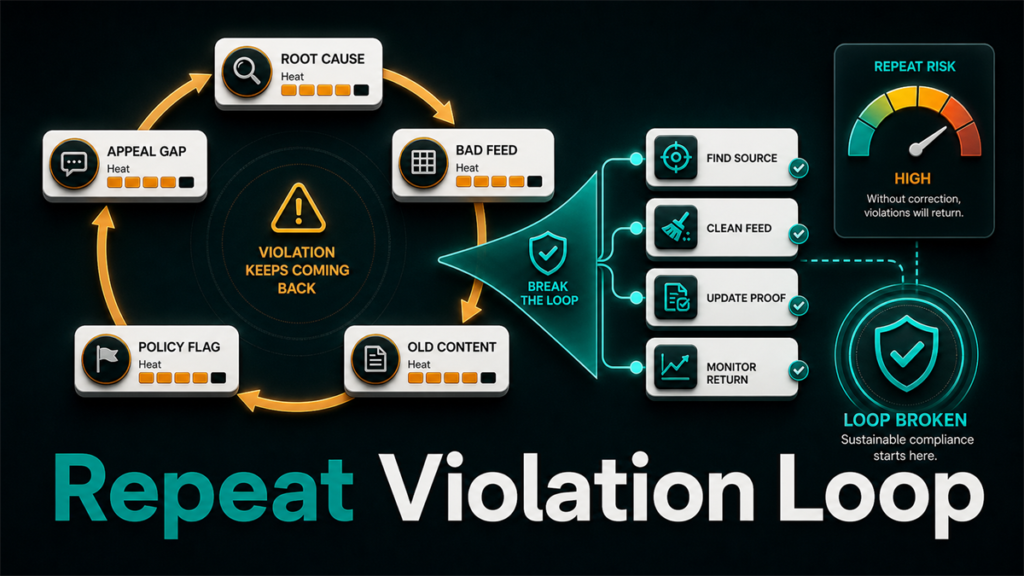 Repeat policy violation loop showing root cause, bad feed, old content, policy flag, appeal gap, and corrective actions.