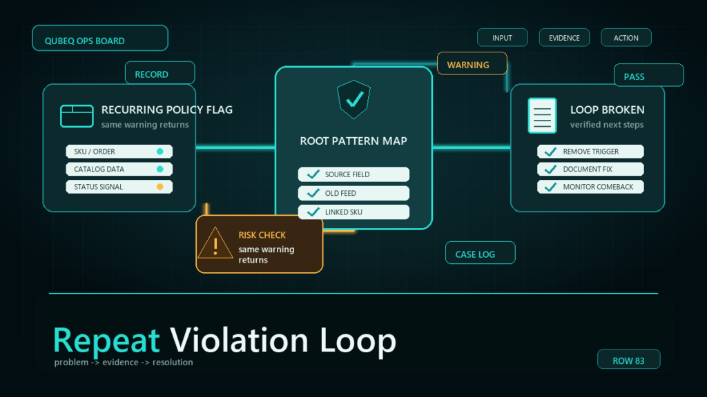 Dark teal ecommerce operations workflow diagram for Repeat Policy Violations on Amazon: Why the Same Violation Keeps Coming Back.
