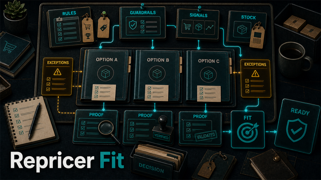 Repricer fit evidence board with rule, guardrail, stock, signal, exception, proof, and readiness folders.