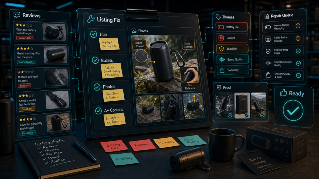 Review feedback command center turning customer review themes into listing repair tasks.