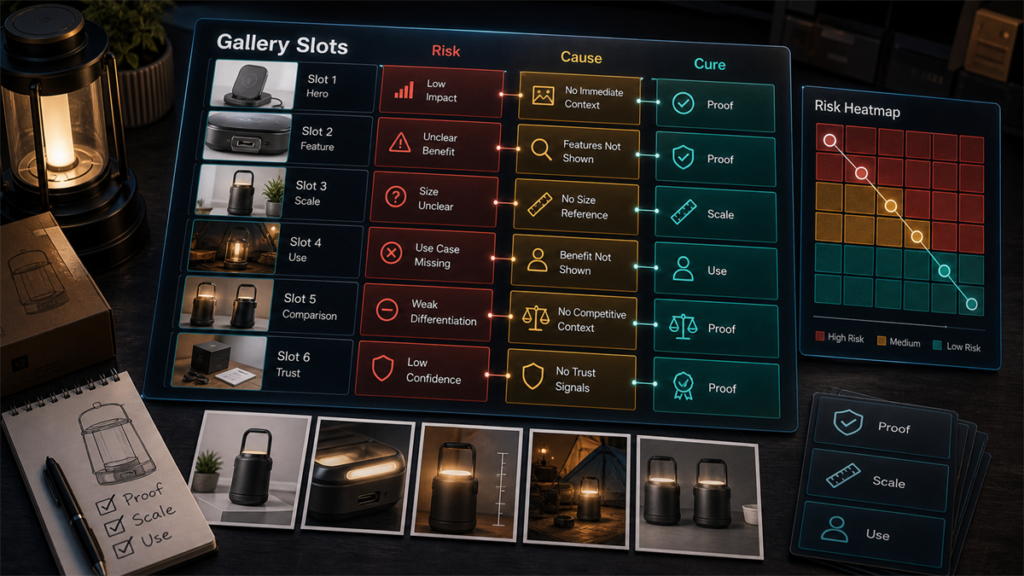 Product image gallery planning heatmap linking secondary image risks to practical cures.