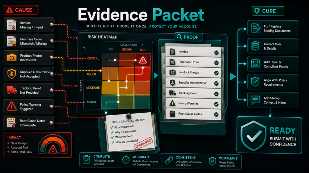 Evidence packet risk heatmap linking invoices, supplier proof, policy warnings, root-cause notes, and cure documentation.