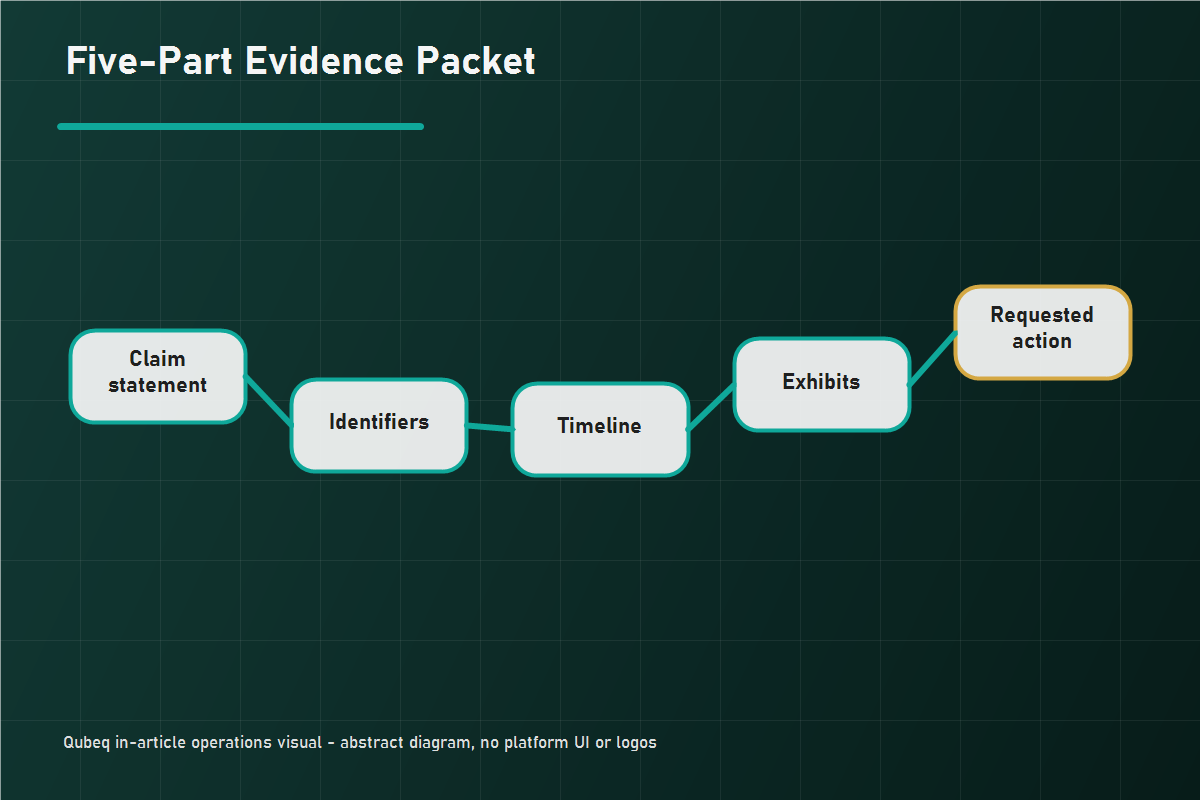 Five-part evidence packet structure that is organized before submission into a Seller Central case.