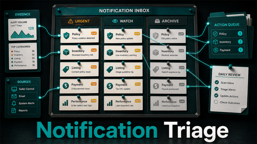 Seller Central notification triage board sorting policy, inventory, listing, payment, and performance alerts into action priorities.
