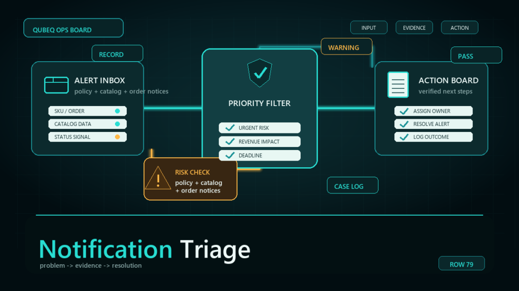 Dark teal ecommerce operations workflow diagram for Seller Central Notification Triage: A System That Catches What Matters.