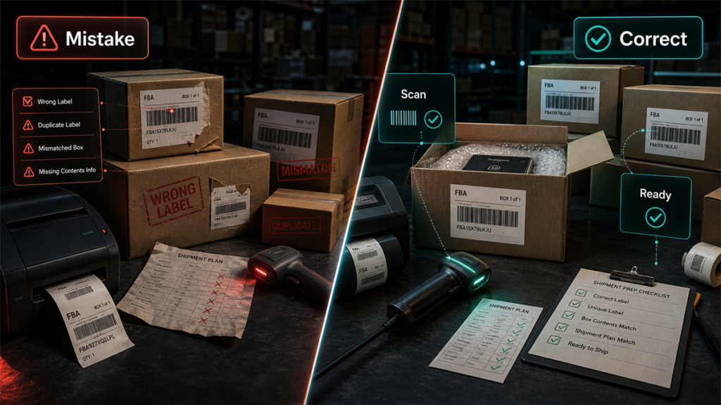 Split-screen FBA shipment prep scene comparing costly labeling mistakes with corrected scan-ready boxes and checklist steps.