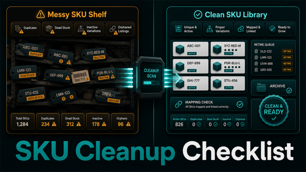 SKU cleanup split screen comparing messy dead or duplicate SKUs with a clean active SKU library and retire queue.