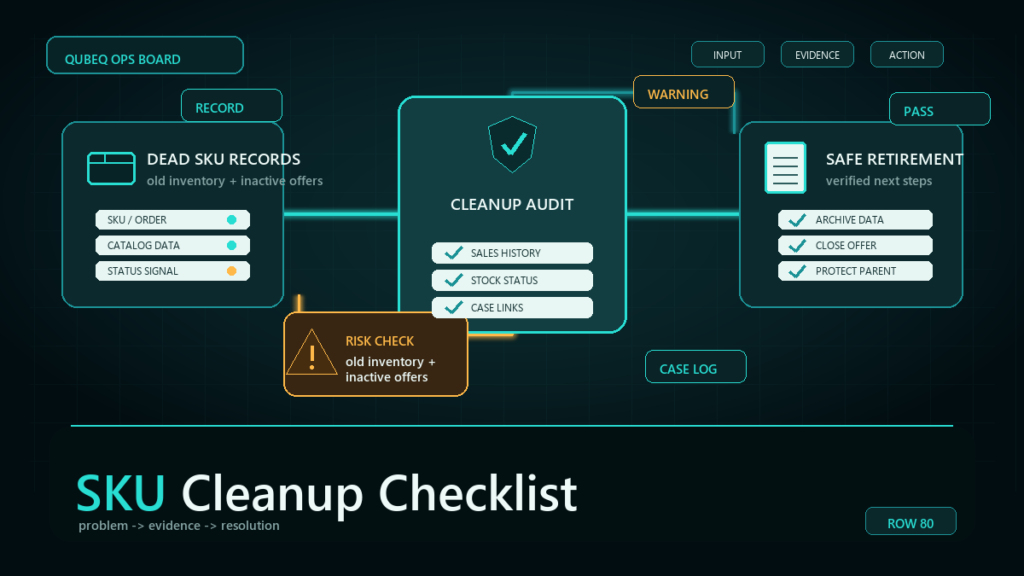 Dark teal ecommerce operations workflow diagram for Amazon SKU Cleanup Checklist: Retire Dead SKUs Safely.
