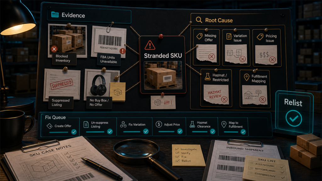 Forensic stranded SKU evidence board connecting blocked inventory symptoms to root causes and relisting fixes.