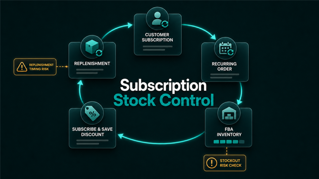Subscribe and Save operations loop showing recurring orders, inventory replenishment, discount settings, and stockout checkpoints.