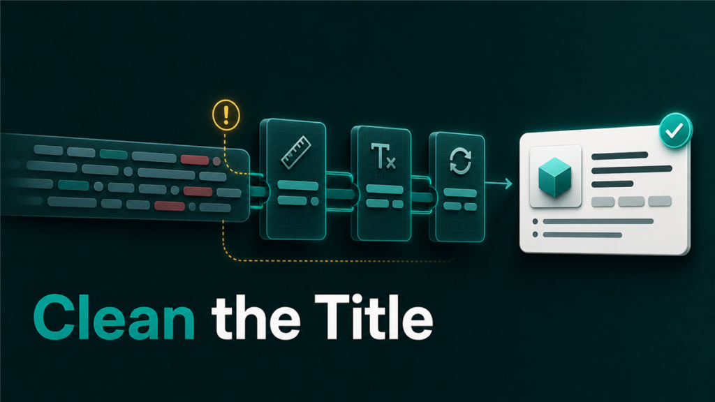 Editorial warning diagram showing an Amazon product title being cleaned through title rules and catalog checkpoints.