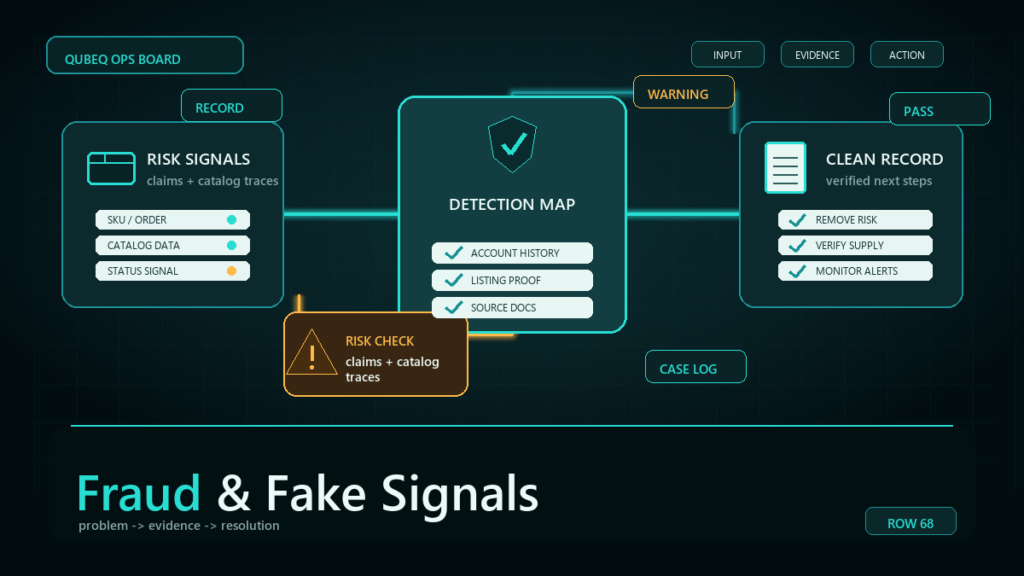 Dark teal ecommerce operations workflow diagram for Amazon Uses AI to Detect Fraud and Fakes.