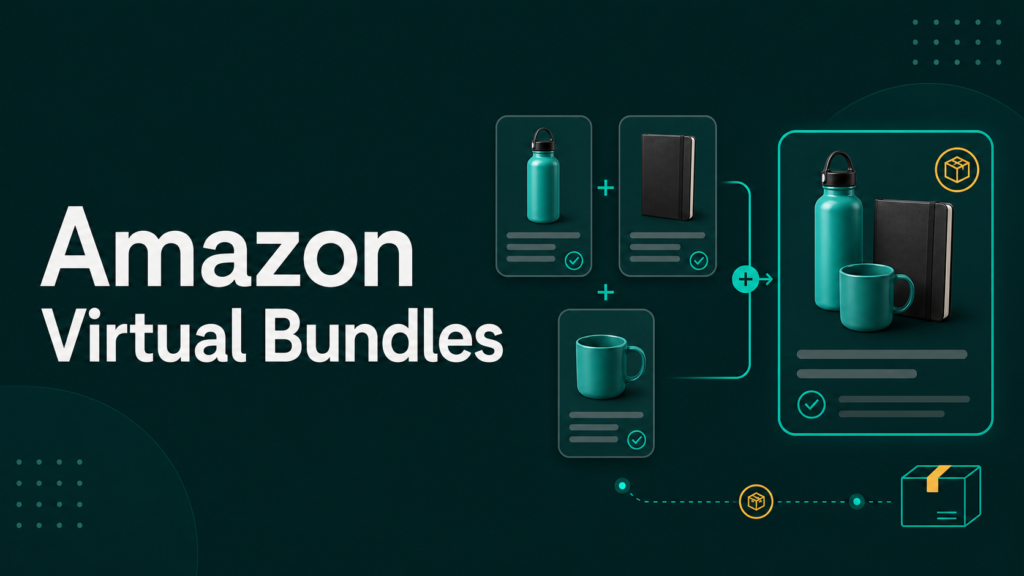 Qubeq blog banner about Amazon virtual bundles showing abstract product grouping elements with a bundle card layout in teal tones