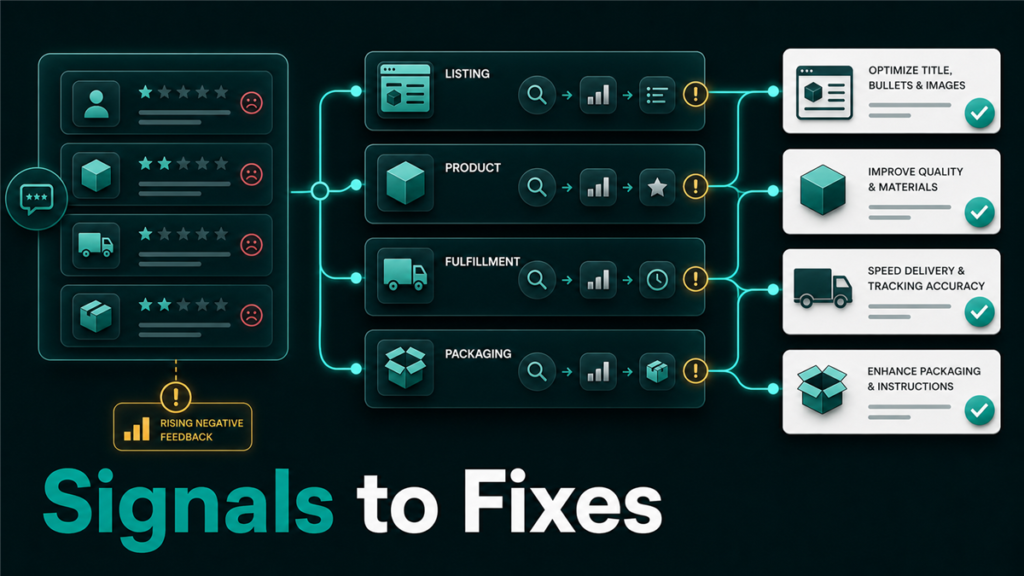 Editorial dashboard-style decision map showing customer feedback signals flowing into listing, product, and fulfillment fixes.