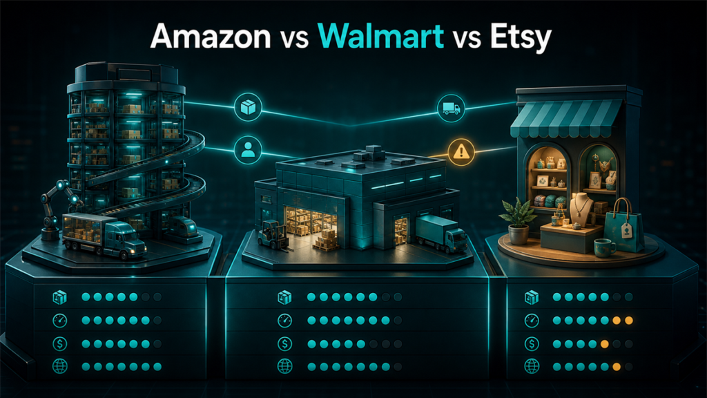 Qubeq branded diagnostic featured image for Amazon vs Walmart vs Etsy: Seller Operations Guide.