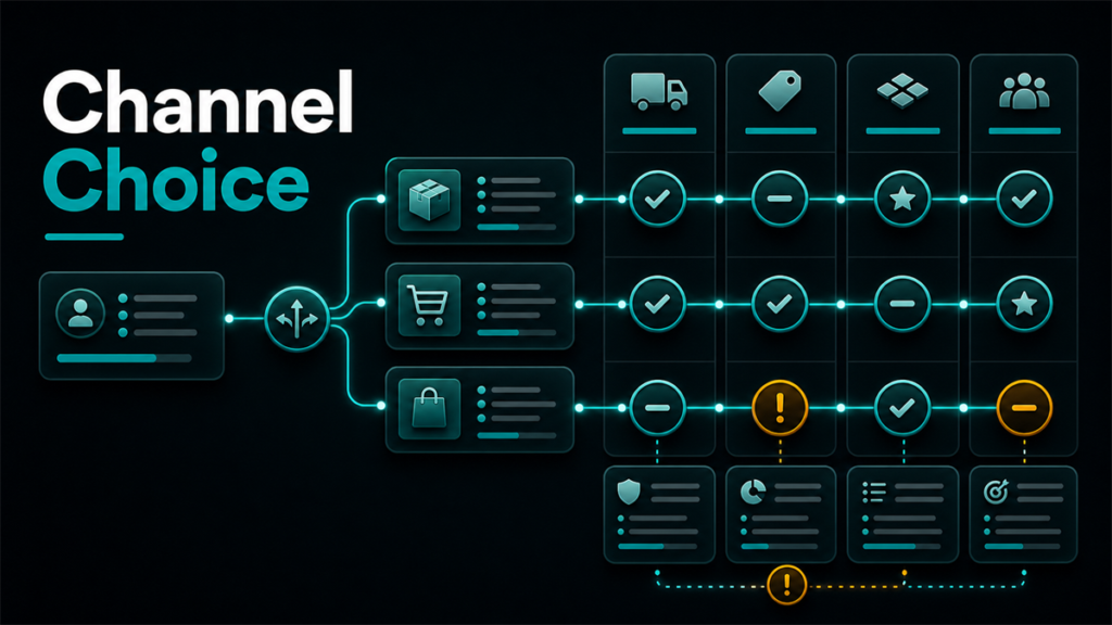 Operator comparing Amazon, Walmart, and Shopify as different selling-channel models