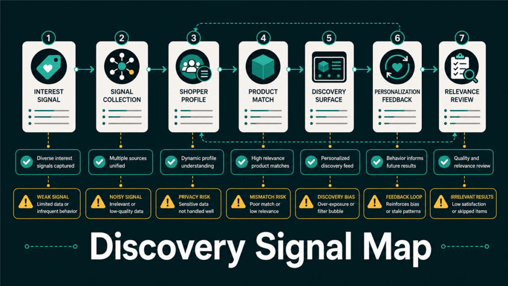 Discovery signal map showing interest signal, shopper profile, product match, discovery surface, personalization feedback, and relevance review.