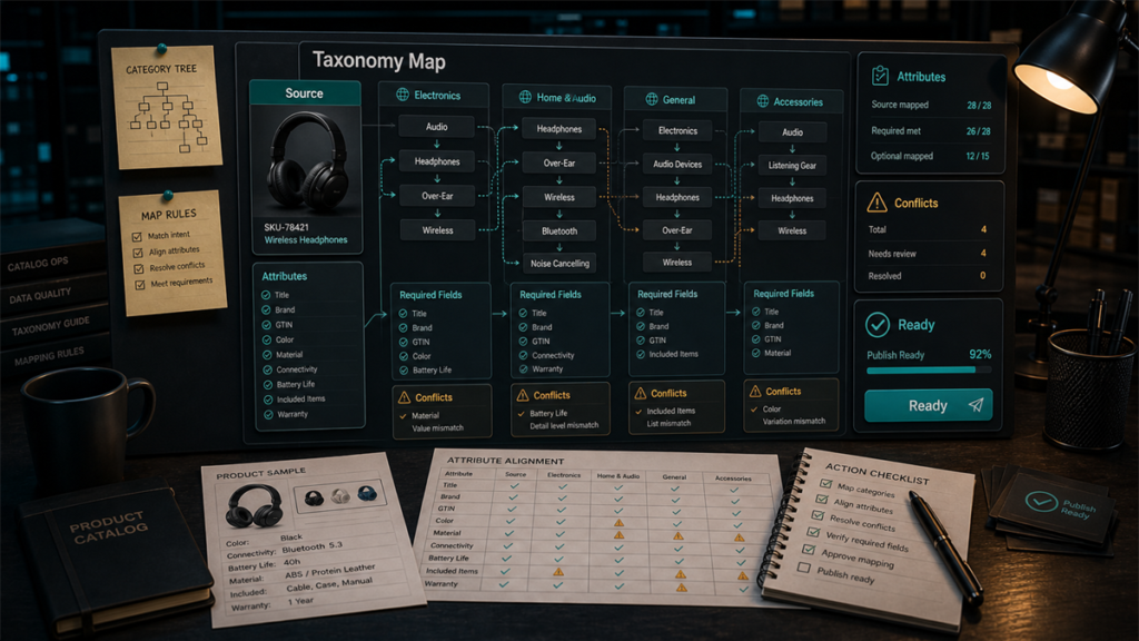 Cross-marketplace taxonomy mapping command center showing source attributes, category paths, conflicts, and ready-to-publish checks.