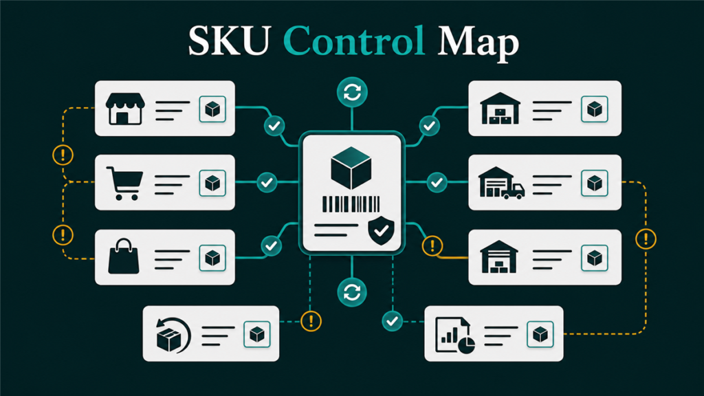 Cross-marketplace SKU mapping diagram connecting Amazon, Walmart, Shopify, FBA, WFS, 3PL, inventory, returns, and reports.