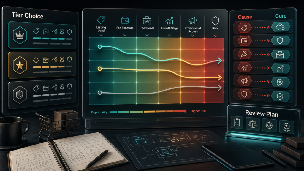 Dark subscription tier decision workspace with tier choice cards, operating criteria, risk heatmap, cause-to-cure panel, and review-plan controls.