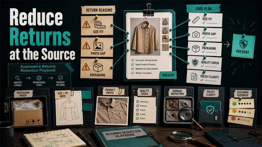 Returns reduction evidence board linking return reasons to size fit, photo quality, packaging, quality check, policy clarity, and cure actions.