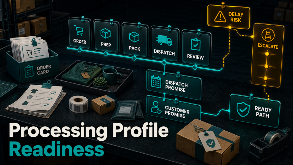 Processing profile readiness timeline showing order card, prep and pack steps, dispatch promise, customer promise, delay risk gate, and ready path.