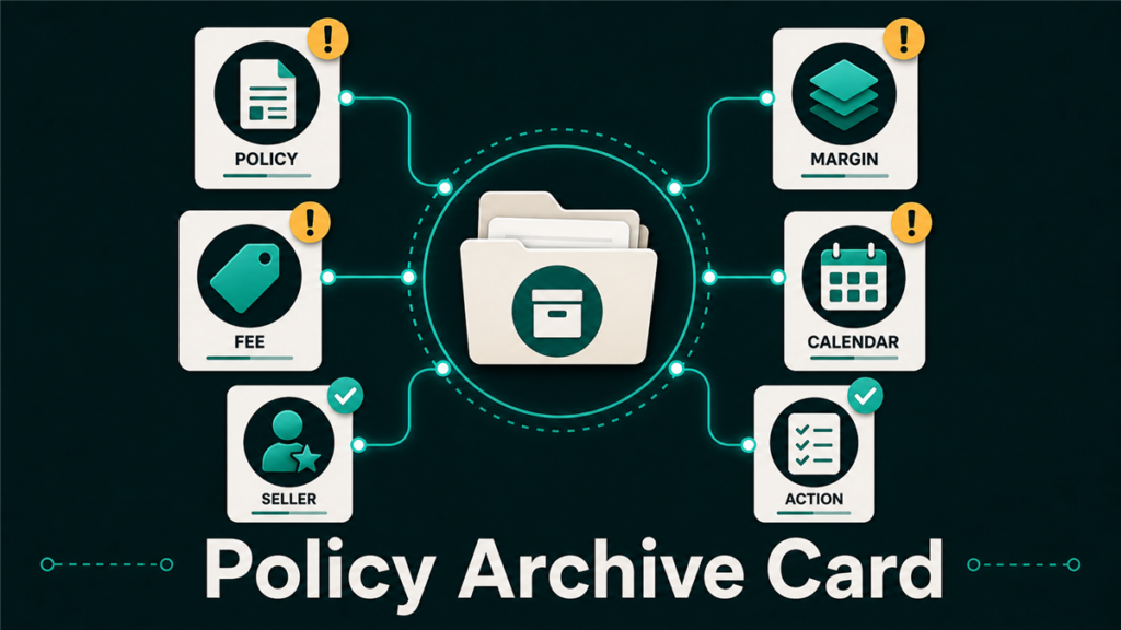 Policy archive card showing policy notice, fee tag, seller impact, margin check, calendar marker, and action note.