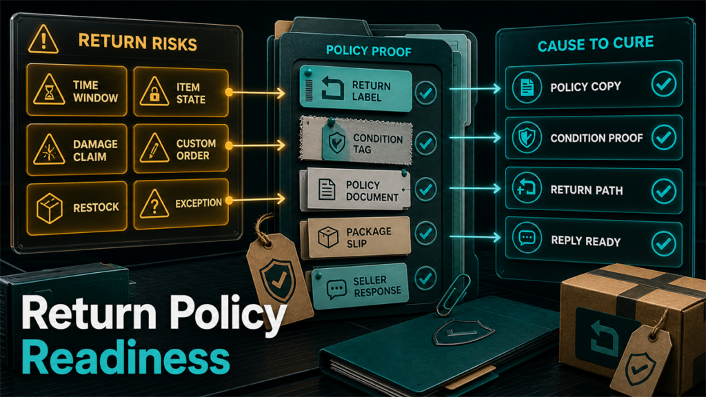 Return policy readiness risk map showing return risks, policy proof folders, condition tags, return path checks, and reply-ready actions.
