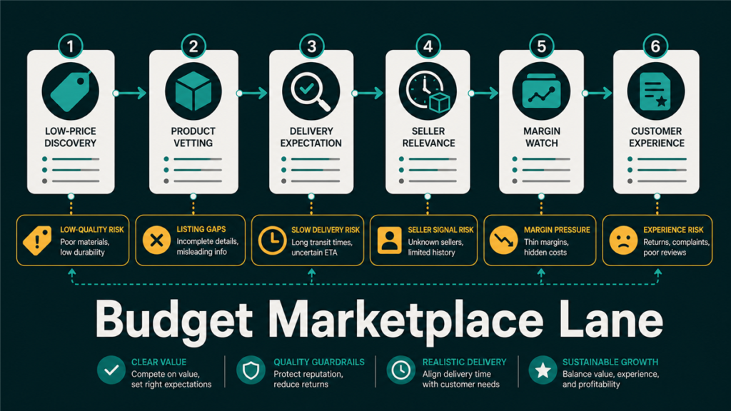 Budget marketplace lane showing low-price discovery, product vetting, delivery expectation, seller relevance, margin watch, and customer experience checkpoint.