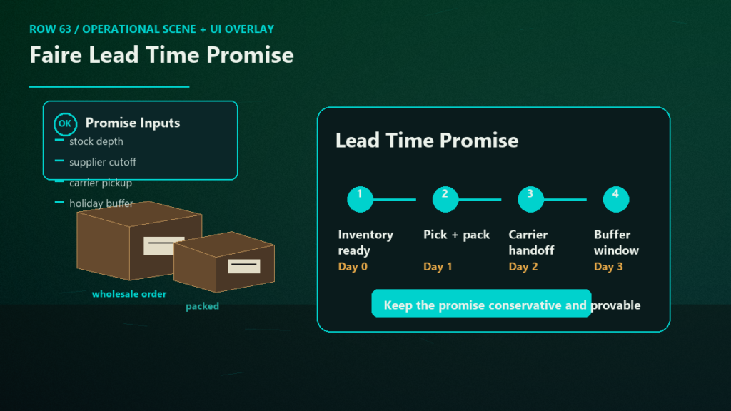 Dark operations scene showing wholesale boxes and a lead-time promise timeline with inventory, packing, carrier, and buffer steps.
