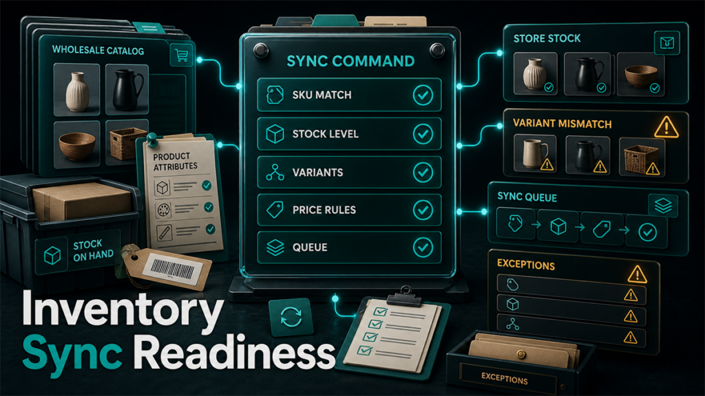 Inventory sync readiness command center showing wholesale catalog cards, store stock, variant mismatch warnings, sync queue, and exception checks.