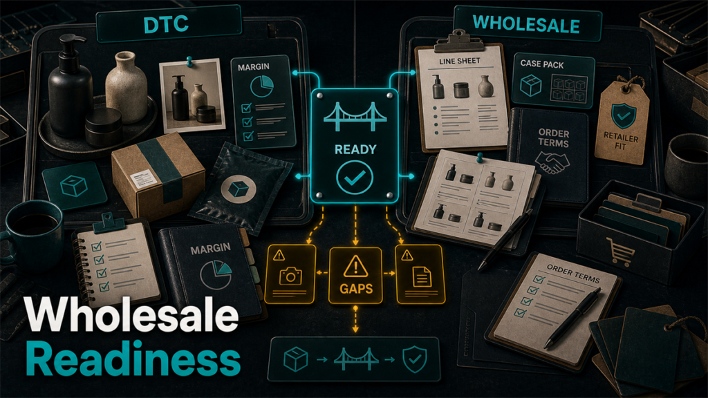 Wholesale readiness split screen connecting DTC listing artifacts to retailer-ready line sheet assets.