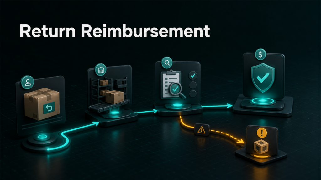 Premium dark Qubeq return reimbursement trail showing a customer return, warehouse handling, condition review, reimbursement checkpoint, and amber exception branch.