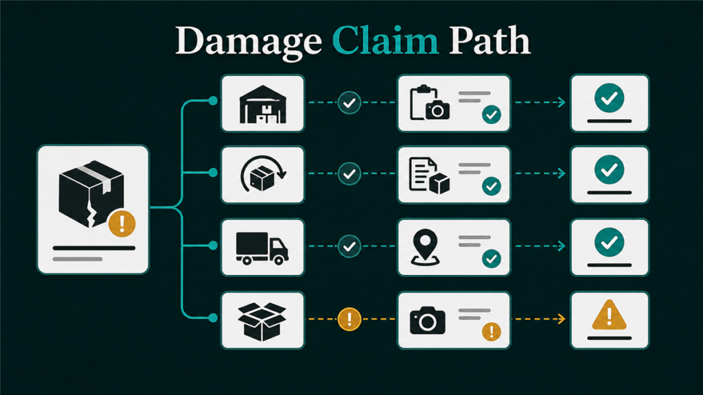 Diagram showing damaged FBA inventory paths for warehouse damage, customer damage, carrier damage, and defective returns.