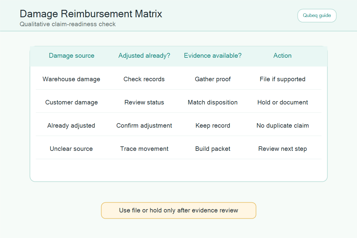 Decision matrix for checking whether damaged FBA inventory is claim-ready.