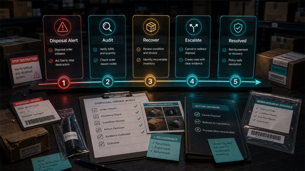 Dark FBA disposal order audit timeline showing disposal alert, audit, recovery, escalation, and resolved evidence steps.