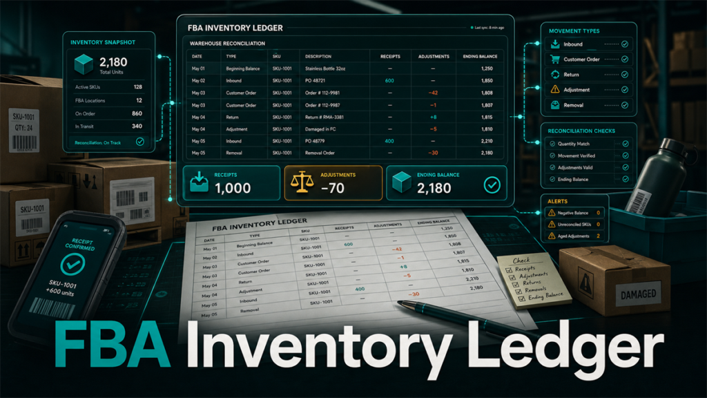 FBA inventory ledger operations board showing warehouse reconciliation, inventory movement cards, cartons, and ending-balance checks.