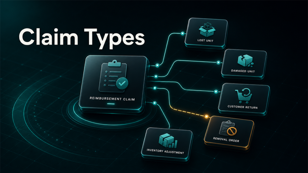 Premium dark Qubeq diagnostic hub showing FBA reimbursement claim type paths for lost units, damaged units, customer returns, removal orders, and inventory adjustments.