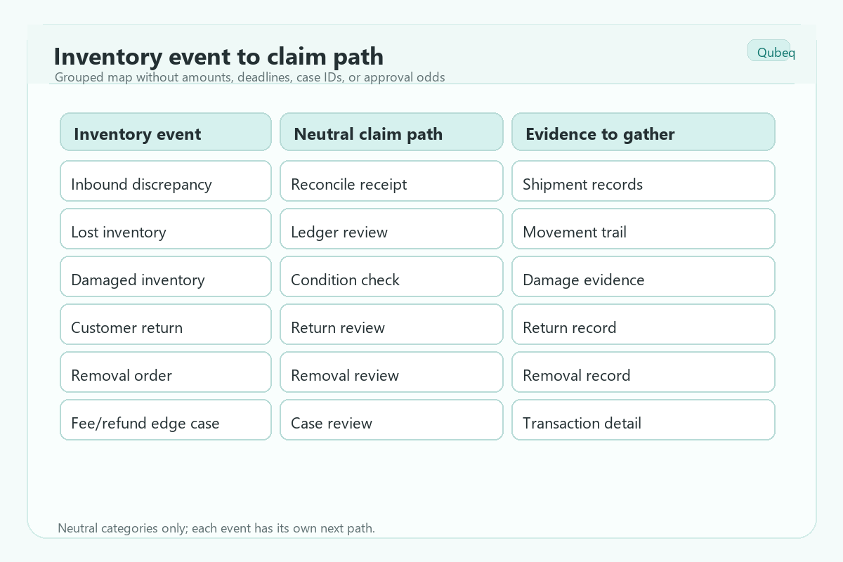 Map of FBA reimbursement claim types grouped by inventory event.