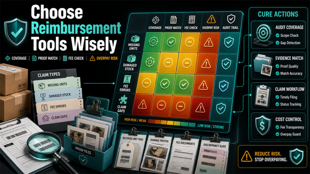 FBA reimbursement tool comparison board with claim types, proof files, damage evidence, fee documents, and audit workflow controls.