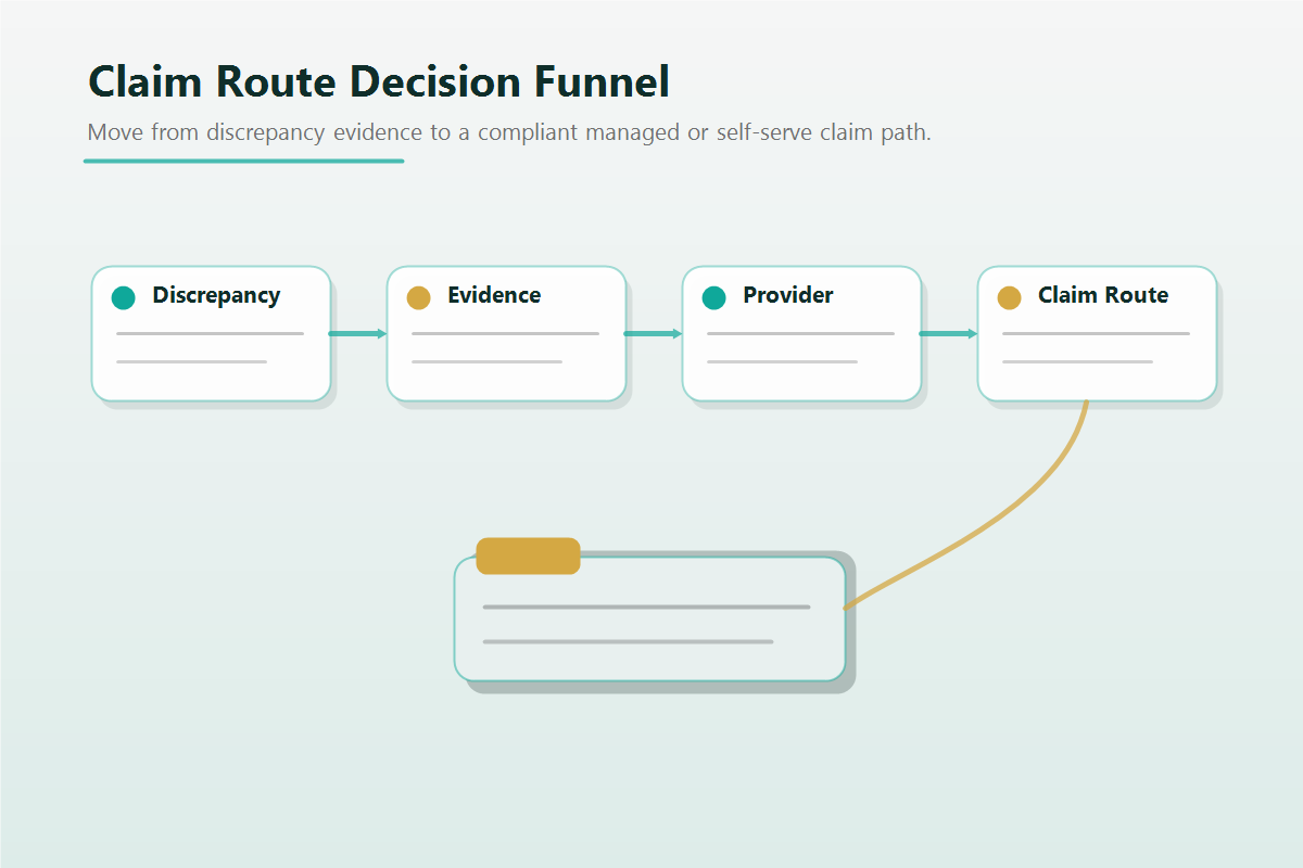Several reimbursement-tool paths converging on an audited claims funnel, splitting into managed and self-serve routes.
