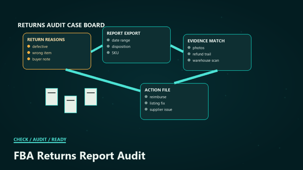 FBA returns audit case board connecting return reasons, report export, evidence match, refund trail, warehouse scan, and action file.