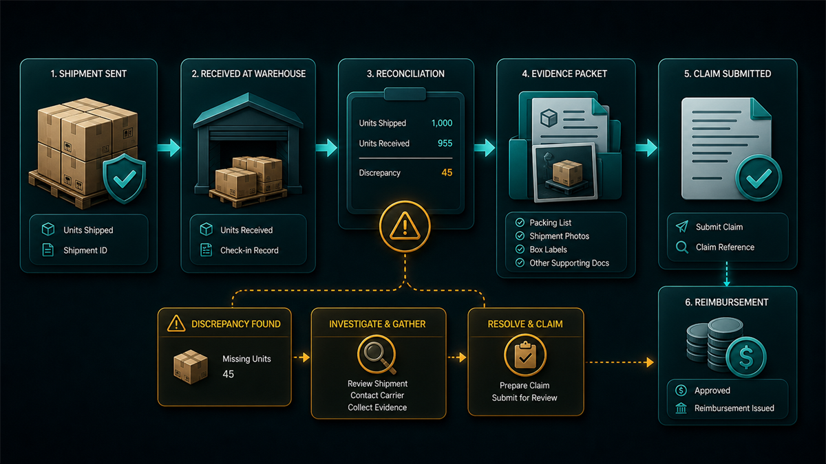 Shipment reconciliation claim trail with boxes, received units ledger, discrepancy marker, evidence packet, and claim route.