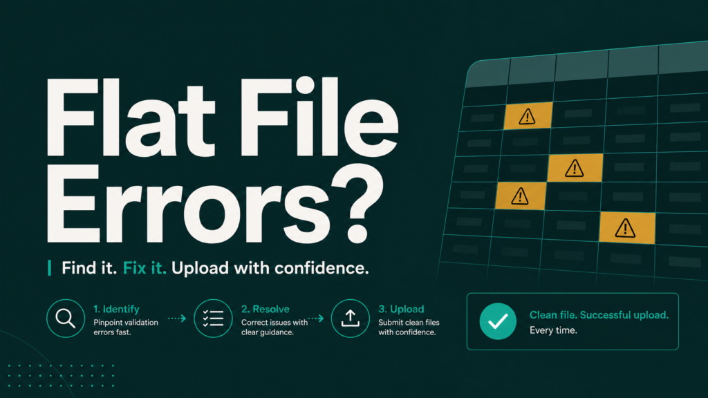 Qubeq blog banner about Amazon flat file upload errors showing abstract spreadsheet grid with error highlights and a resolution pathway in teal and amber tones