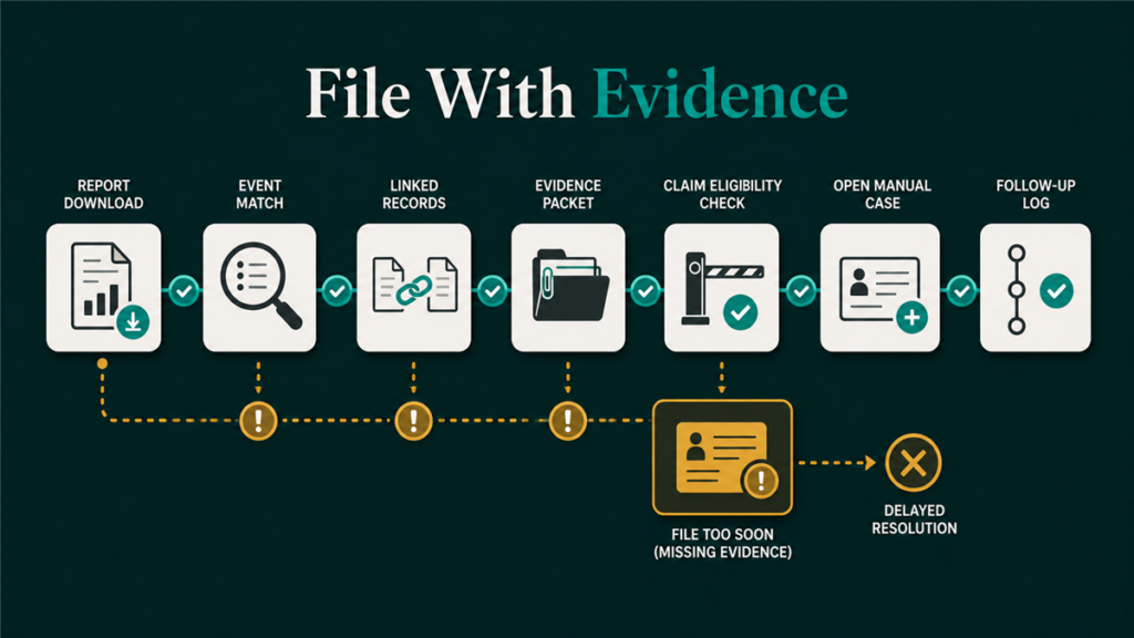 Workflow showing a safe sequence for filing FBA reimbursement claims after checking evidence and policy status.