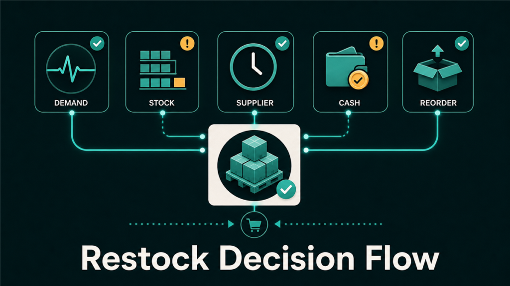 Restock decision flow showing demand pulse, stock level, supplier clock, cash check, and reorder box.