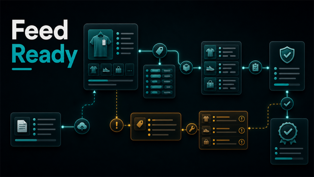 Merchant reviewing product feed attributes and schema alignment for Google Merchant Center